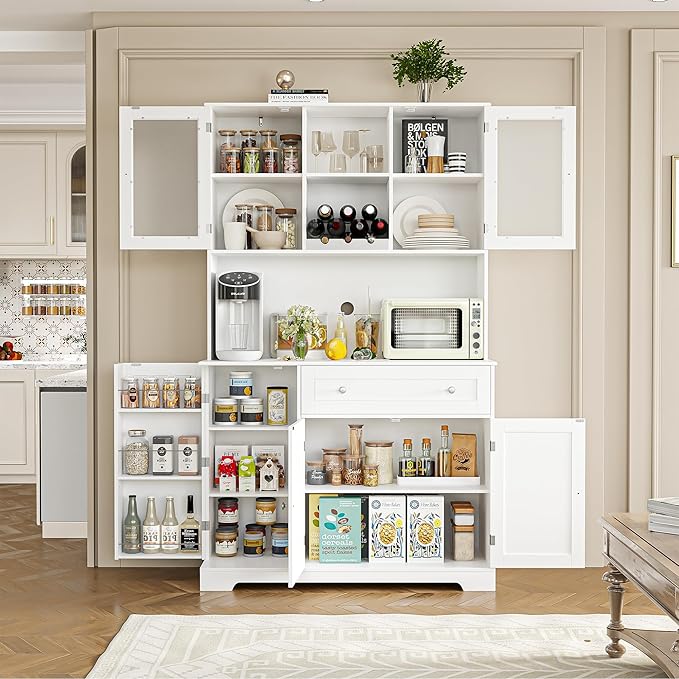HOSTACK Kitchen Pantry Storage Cabinet, Modern Buffet Cabinet with Hutch, Tall Kitchen Hutch with Microwave Stand, Food Pantry with Doors and Shelves | Wine Rack for Dining Room, White