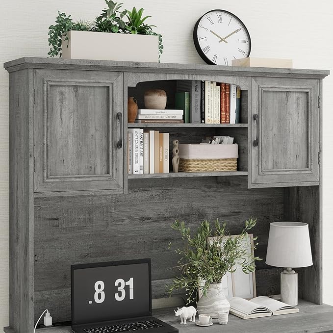 Farmhouse 47" Executive Desk with Hutch, 2 Drawers and LED Light, Computer Desk with Storage Cabinet and Charging Station,Workstation for Home Office and Study.Grey