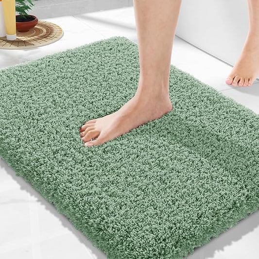 Yimobra Pure Light Green Bathroom Rugs Non Slip Washable 24x17, Ultra Soft and Water Absorbent Bath Mats, Plush Fluffy Shower Mat Outside, Microfiber Thick Matts for Bathroom Floor/Sink