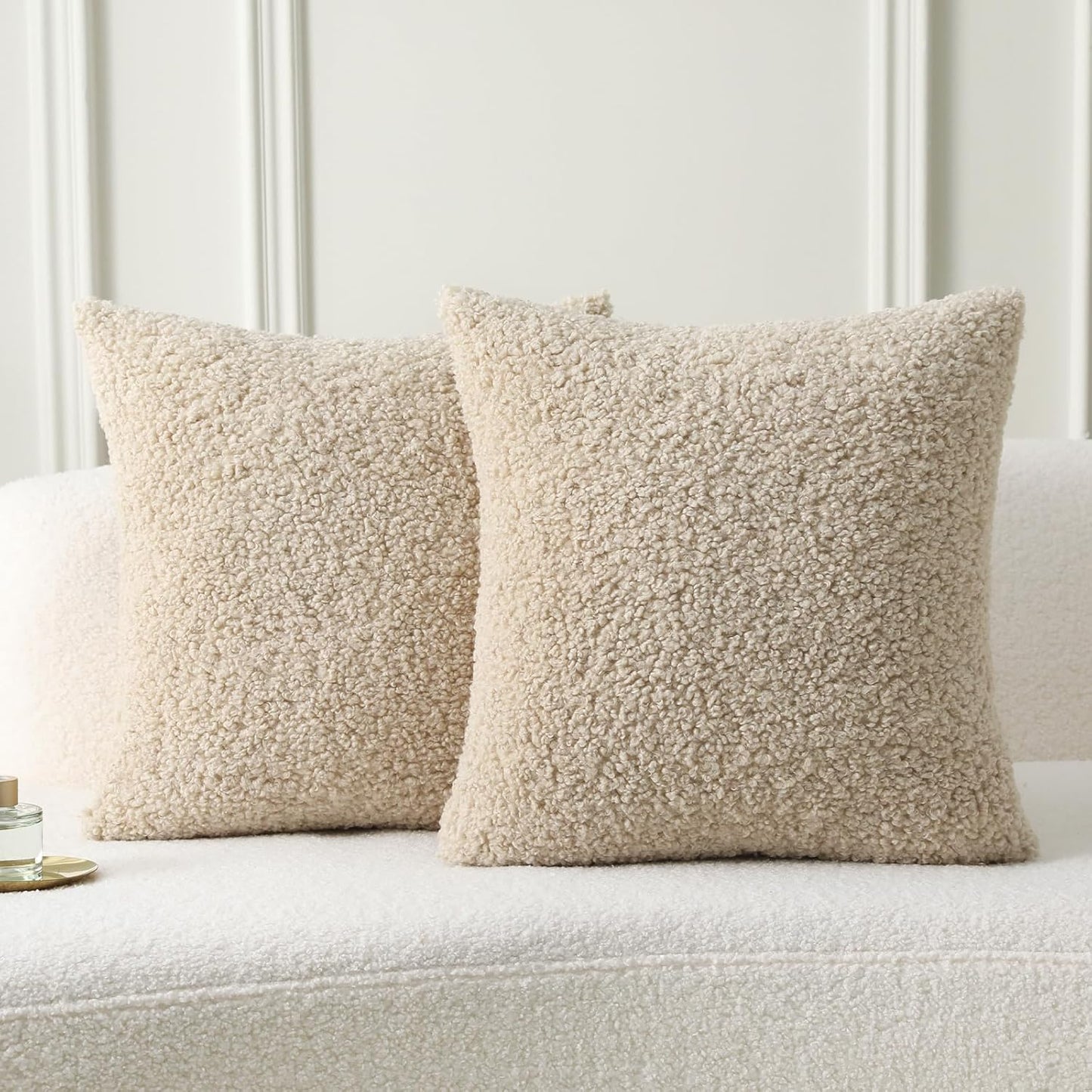 FUTEI Beige Throw Pillow Covers 16x16 Inch Set of 2,Furry Faux Fur Teddy Boucle Textured Cushion Covers,Soft Fluffy Decorative Pillow Case,Home Decor for Couch Bed Living Room Office Car