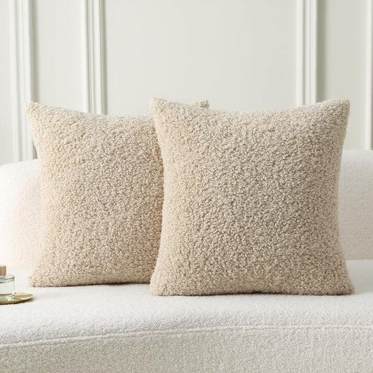 FUTEI Beige Throw Pillow Covers 16x16 Inch Set of 2,Furry Faux Fur Teddy Boucle Textured Cushion Covers,Soft Fluffy Decorative Pillow Case,Home Decor for Couch Bed Living Room Office Car