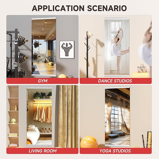 Home Gym Mirror, 63'' x 28'' x 1PCS, Large Full Body Mirror for Yoga, Frameless Tempered Glass, Wall Mounted for Home Gym, Garage, Bedroom, Bathroom