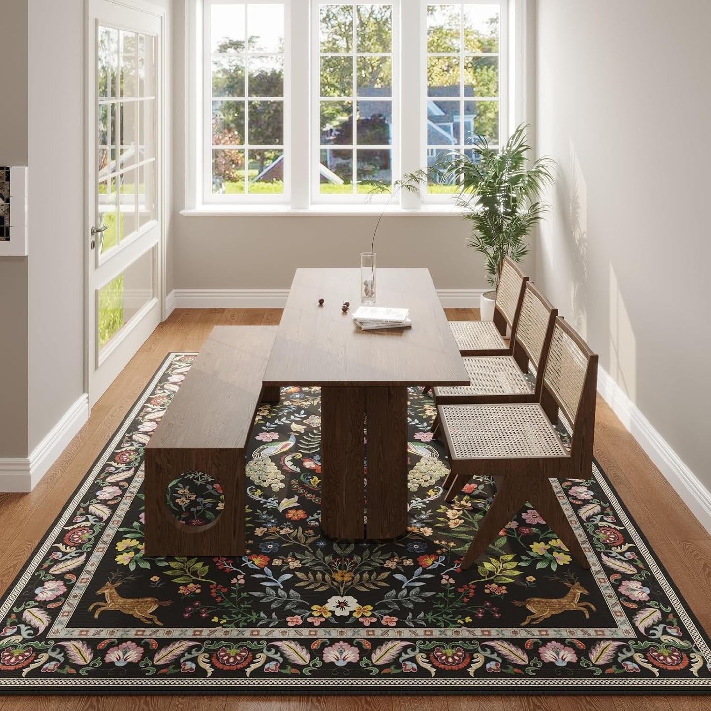 Living Room Rug 6x9 Rug Machine Washable Area Rug Floral Non-Slip Low Pile Large Rug for Living Room, Bedroom, Farmhouse, Dining Room, Kids Playroom (Vibrant Black)