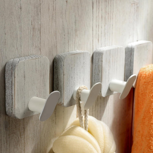 DELITON Wood Wall Hooks, Adhesive Towel Hooks for Hanging Wall Mounted, 4 Packs Coat Robes Hats Command Hook Heavy Duty No Damage, White