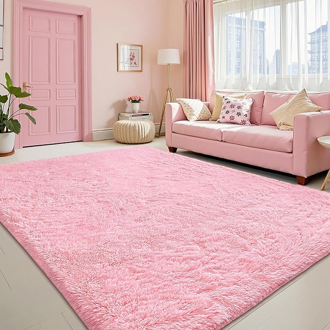 OLANLY Area Rugs for Living Room Bedroom, Machine Washable 4x5.9 ft Soft Fluffy Shaggy Bedside Rug, Indoor Floor Carpet for Kids Girls and Boys, Dorms, Nursery Rooms, Home Decor Aesthetic, Pink
