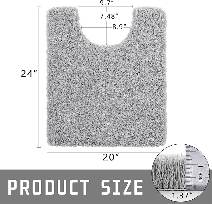 Yimobra U Shaped Toilet Bath Rug, Fluffy Plush, Super Shaggy Soft Non Slip, Water Absorbent Microfiber Bath Mat, Dries Quickly, Machine Washable Thick Bathroom Rugs, 20"x 24", Pure Gray