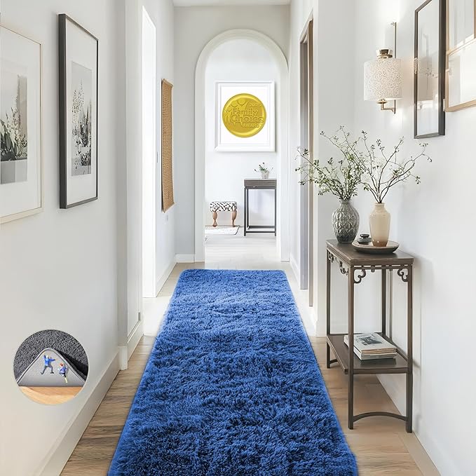 Ophanie Blue Runner Rug for Hallway, 2x6 Bedroom Bedside Living Room Rugs, Non Slip Fluffy Soft Shaggy Carpet for Kids Girls Boys Dorm Nursery Home Decor Aesthetic