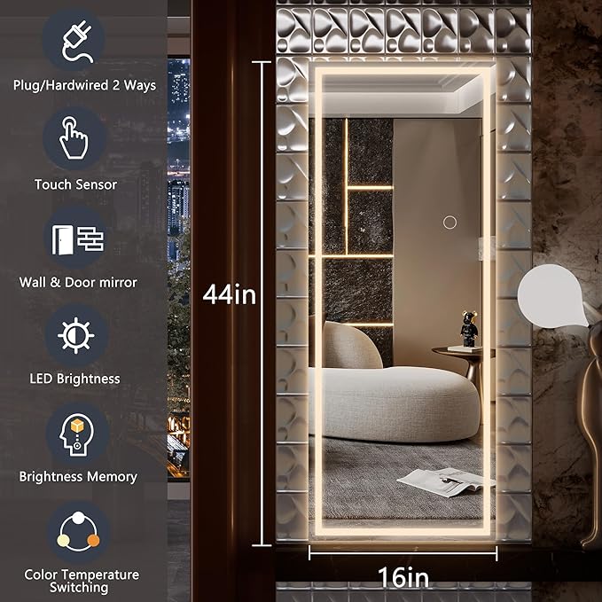 Hasipu LED Over The Door Hanging Mirror - 44" x 15.8", Full Length Body Mirror - Black
