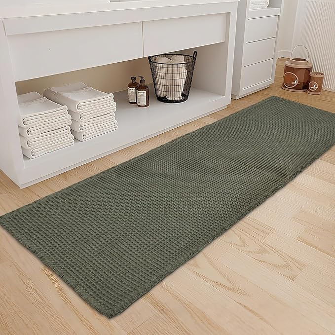 ZALL Waffle Bath Mat,Super Absorbent Non Slip Long Bathroom Runner Rug,Dark Green 24X72inch,Machine Washable Ultra Soft Floor Mats