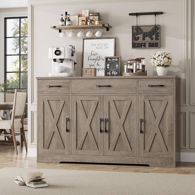 HOSTACK Buffet Sideboard Cabinet with Drawers, 55" Large Buffet Storage Cabinet with Shelves and Doors, Modern Farmhouse Coffee Bar Station for Kitchen, Dining Room, Ash Grey