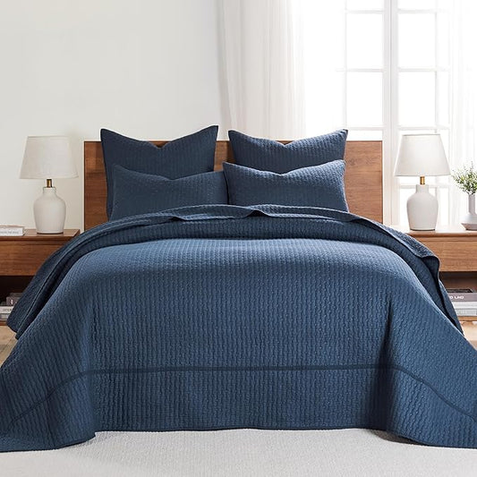 Levtex Home Cross Stitch Reversible Twin Bedspread Set (84x104in) with 1 Pillow Sham (26x20in) - Stitch Texture - Navy - Cotton Twin Size Bedspread Set - Lightweight, Soft, Pre-Washed