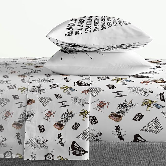 Jay Franco Kids Sheet Set with Fitted, Flat Sheets & Pillow Cover - Ultra-Soft Bedding with Pillowcase for Room Decor, White - Star Wars, 4 Piece Queen