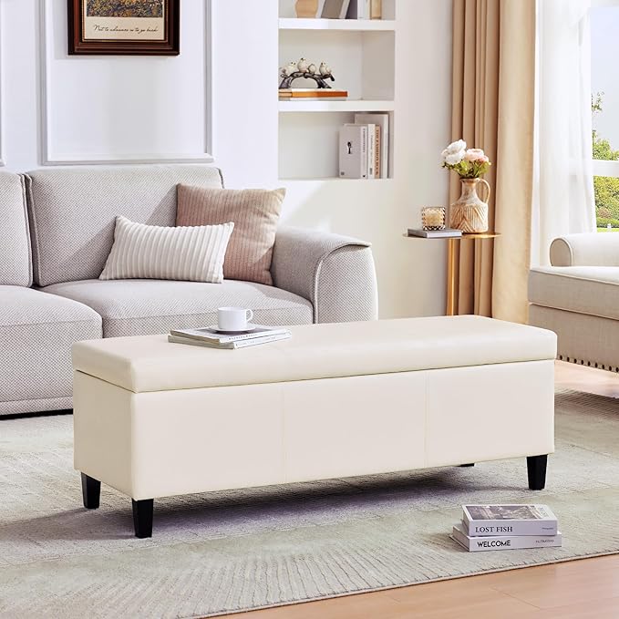 HUIMO Faux Leather Storage Ottoman Bench 50.3 inch Extra Long Upholstered Bedroom Bench with Large Storage Space for The Living Room, Entryway, Bedroom Hold Up to 300lbs (Cream)
