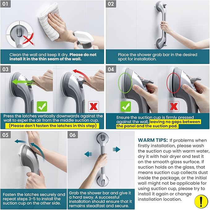 TAILI Shower Grab Bar 2 Pack 16 Inch Suction Grab Bars for Bathtubs & Showers, Heavy Duty Shower Handle Removable Shower Handrails for Elderly and Seniors, No Drilling Waterproof, Silver