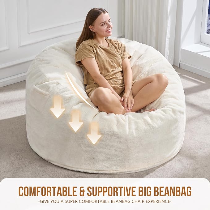 Hobestluk 4FT Bean Bag Chairs for Adults Large Beanbag Chair with Plush Faux Fur Cover Big Bean Bag Chair for Living Room Bedroom Dorm Office - White (44” x 44” x 24”)