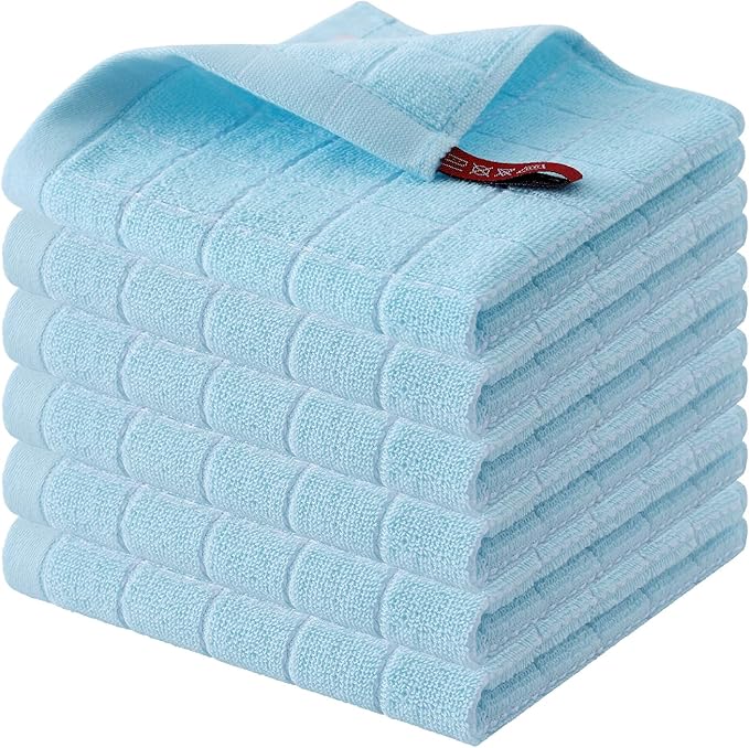 Homaxy 100% Cotton Terry Kitchen Dish Cloths, Ultra Soft and Absorbent Dish Towels for Kitchen, Suitable for Drying and Washing Dishes, 6 Pack, 12 x 12 Inches,Sky Blue