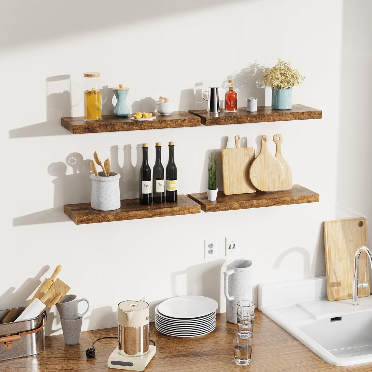 Bellsal Rustic Brown Wood Wall Shelf Set of 4, 16" Floating Shelves for Kitchen