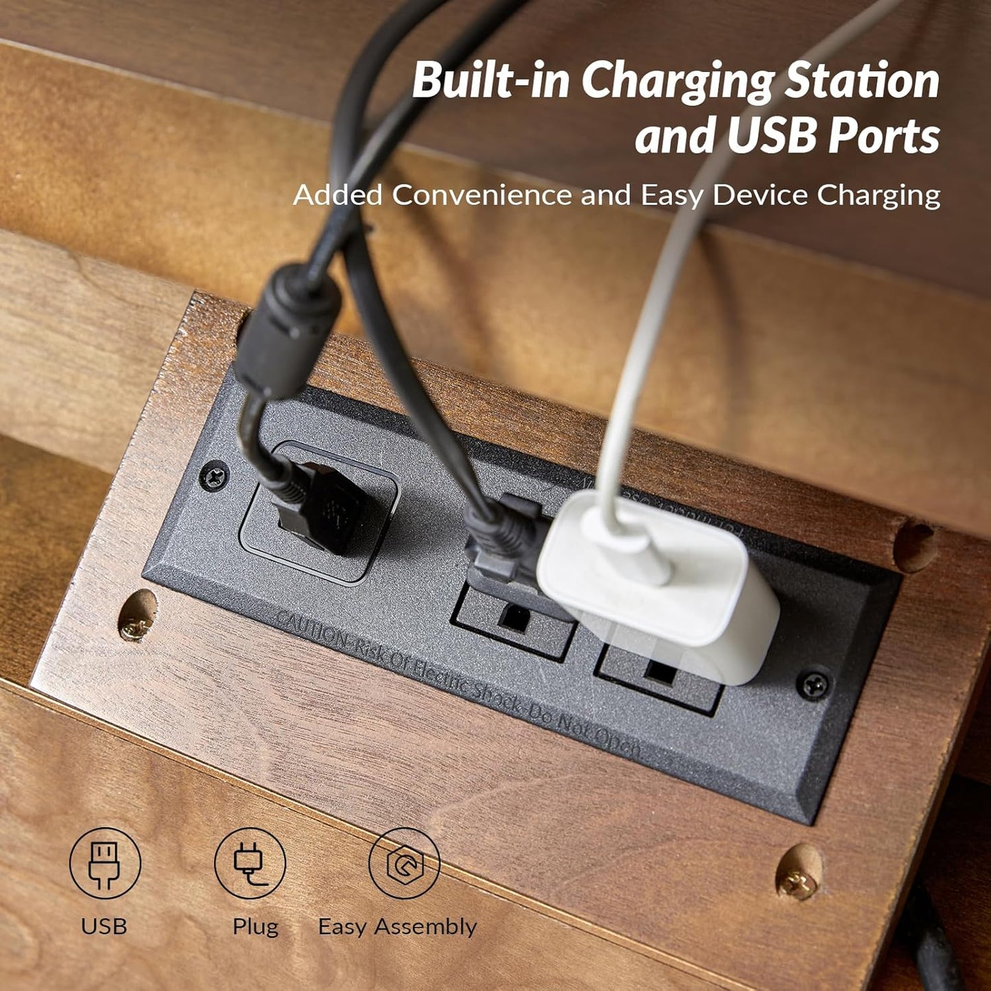 HULALA HOME Farmhouse 3 Drawer Nightstand with Tray, Drawer Organizer with Solid Wood Legs, Nightstand with Charging Station(Set of 2, Walnut)