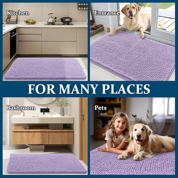 OLANLY Dog Door Mat for Muddy Paws 40x32, Absorbs Moisture and Dirt, Absorbent Non-Slip Washable Doormat, Quick Dry Chenille Mud Mat for Dogs, Entry Indoor Entryway Carpet for Inside Floor, Lavender
