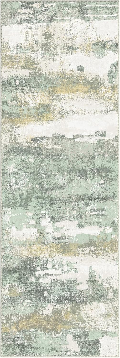 Runner Rug for Hallway Kitchen, 2x10 Machine Washable Runners Rug for Entryway, Light Green Soft Modern Abstract Throw Rugs, Low Pile Floor Carpet with Non Slip Backing