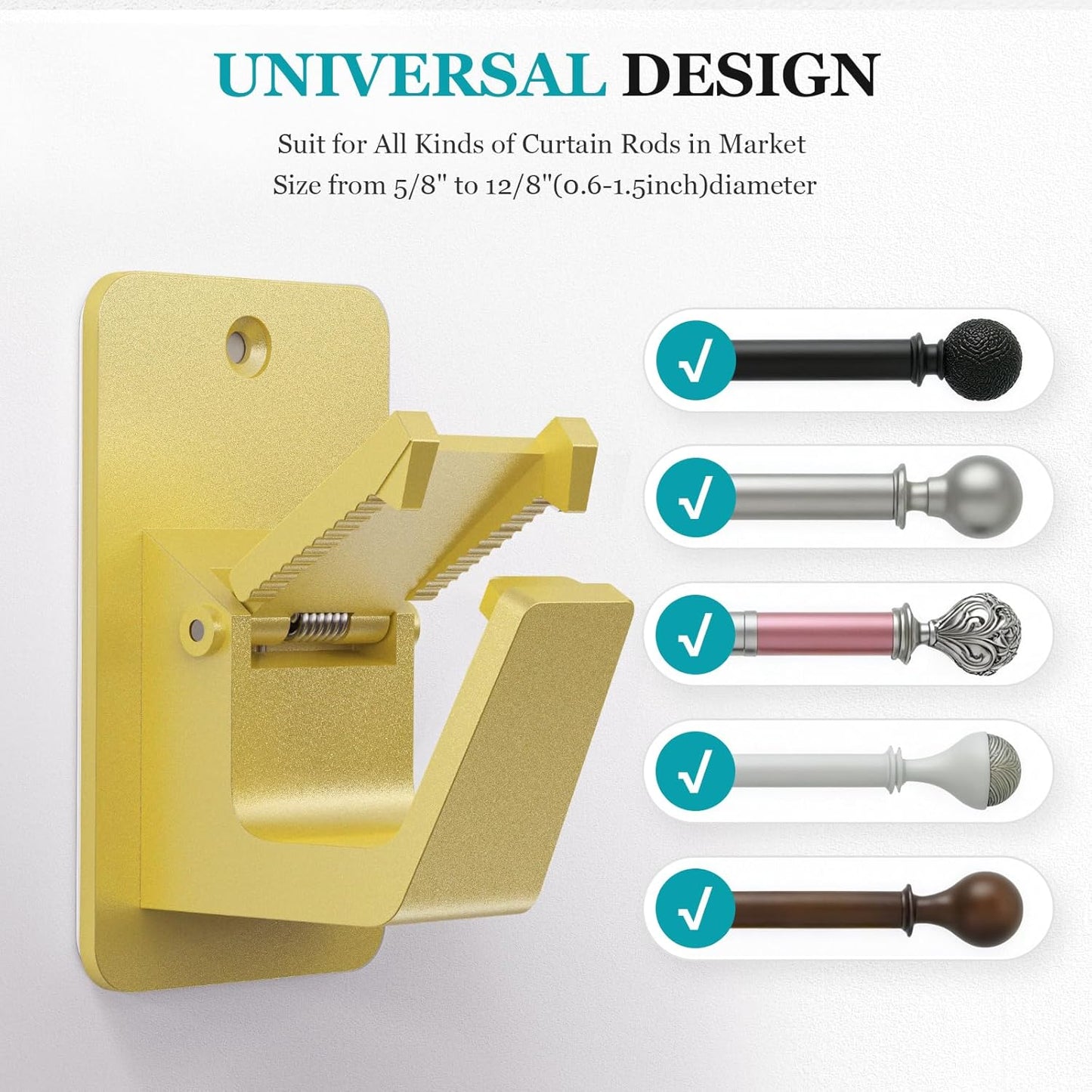 Adhesive No Drill Curtain Rod Brackets - Heavy Duty 30LB Holders for Bathroom Bedroom Kitchen, Universal Damage-Free Window Rod Hooks with Nail-Free Installation (4PC Gold)