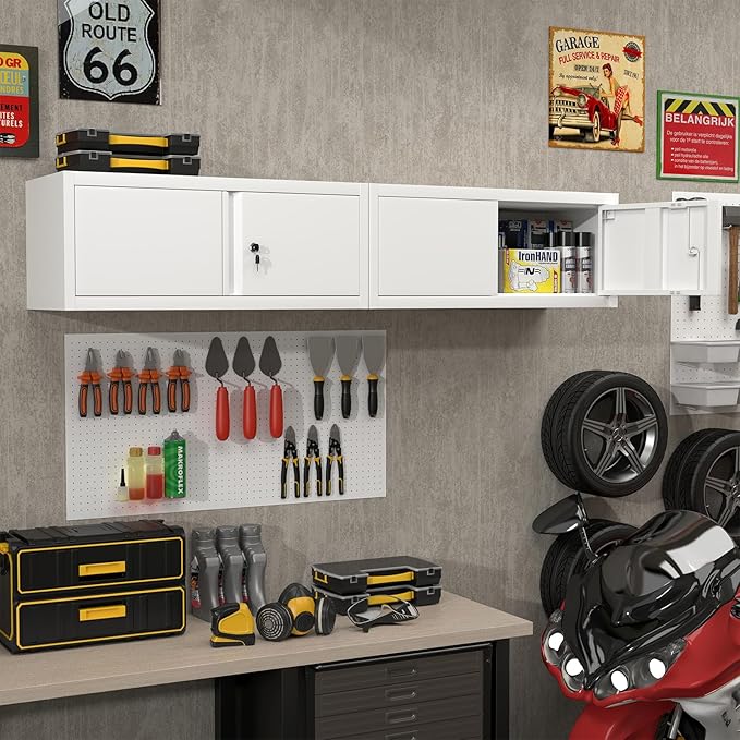 LUCYPALGarage Wall Cabinet with Doors,Metal Locking Storage Cabinet,Floating Tool Cabinet for Kitchen,Garage,Workshop,Warehouse(12.8" H,White)