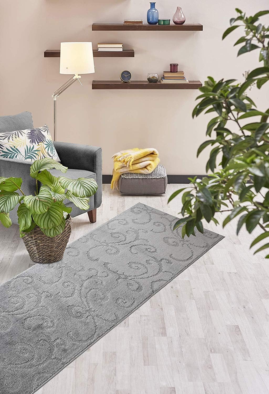 Custom Length Hallway Runner Rug,Slip Resistant,Scroll Grey, 26 Inch X 3 feet, Doormat, Sold and Priced Per Foot