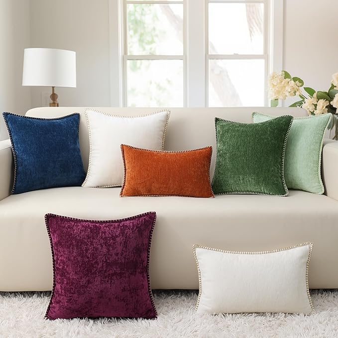 decorUhome Chenille Soft Throw Pillow Covers 22x22 Set of 2, Farmhouse Velvet Neutral Decorative Euro Pillow Covers with Stitched Edge for Couch Sofa Bed Home Decor, Beige
