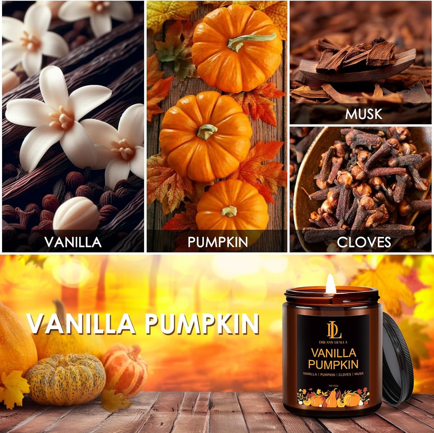 Fall Candle | Vanilla Pumpkin Scented Candle - Autumn Home Decor, 7oz Autumn Soy Candles with 50hr Burn Time, Holiday Thanksgiving Fall Gifts for Women Men