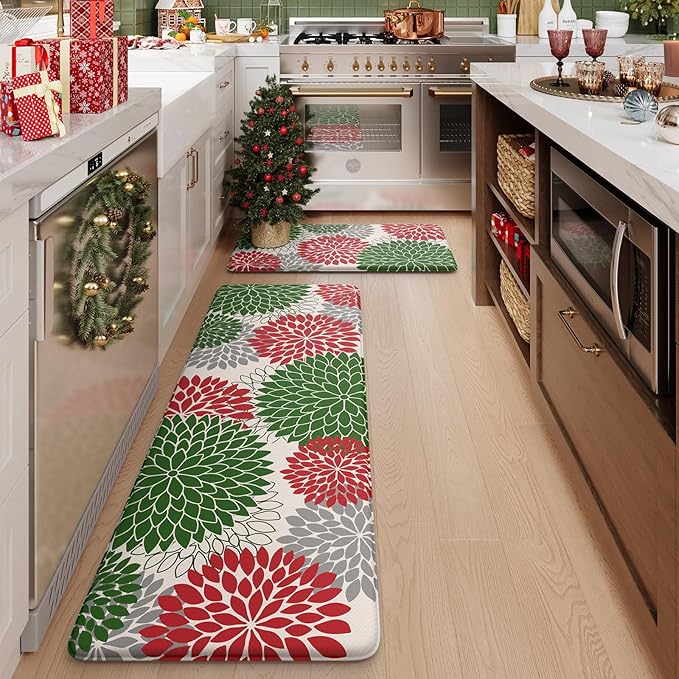 KIMODE Farmhouse Christmas Kitchen Rugs, Anti Fatigue Kitchen Mats for Floor 2 Piece, Memory Foam Kitchen Floor Mats Non Slip for Christmas Kitchen Decor Laundry Office Sink Red/Green 17"x47"+17"x29"
