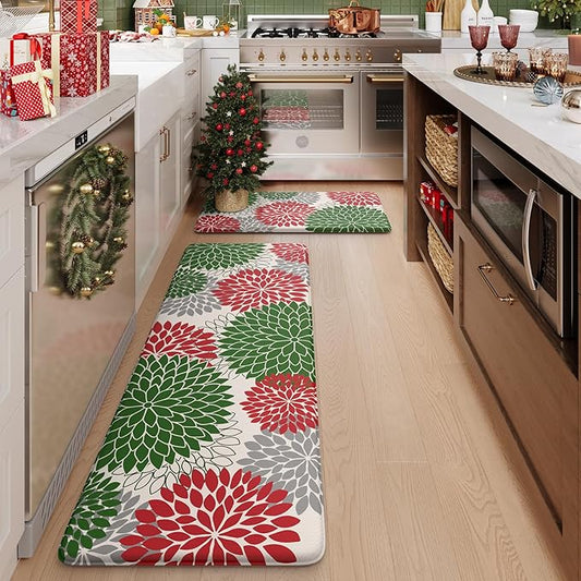 KIMODE Farmhouse Christmas Kitchen Rugs, Anti Fatigue Kitchen Mats for Floor 2 Piece, Memory Foam Kitchen Floor Mats Non Slip for Christmas Kitchen Decor Laundry Office Sink Red/Green 17"x47"+17"x29"