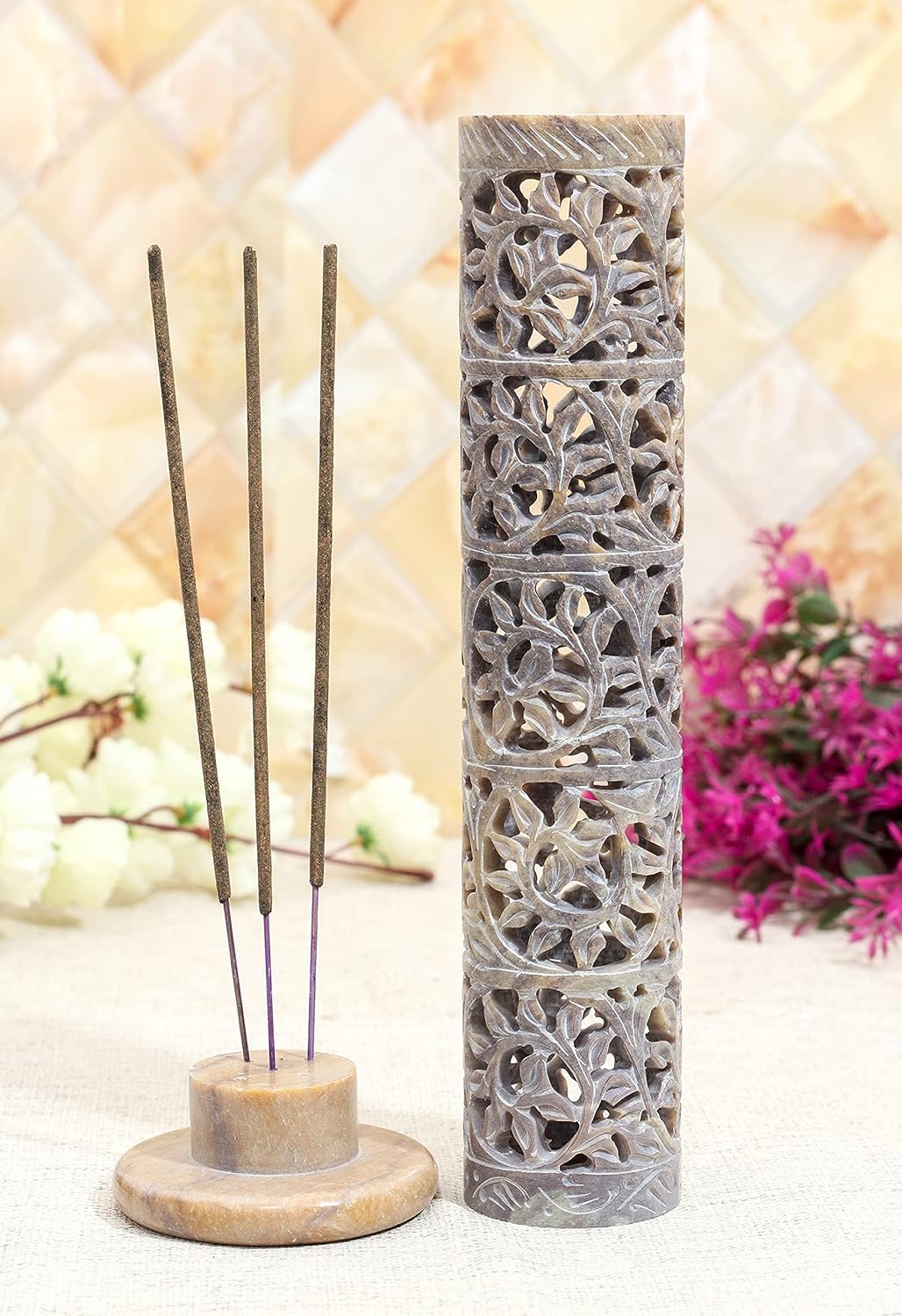 Crocon Soapstone Handmade Incense Tower Burner Leaf Crafting Incense Corner Burner | Tea Light Holder | Living Room Decor Kitchen Home Fragrance Decorative Best Gift Set Size 2.7X2.7X10 Inch