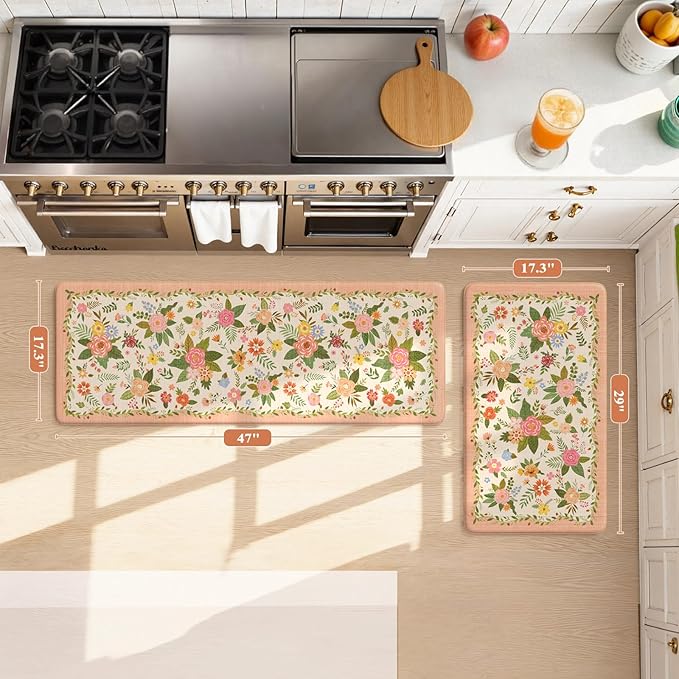 KIMODE Anti Fatigue Kitchen Mats, Padded Kitchen Floor Mats 17"x47"+17"x29", Farmhouse Kitchen Rugs Sets of 2, Pink Rugs for Kitchen Floor, Cushioned Standing Mat for Laundry Office Sink Desk