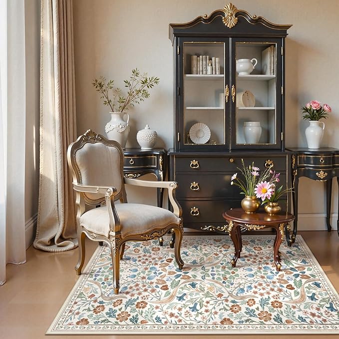 Lahome Floral 3x5 Beige Nursery Rug, Non-Slip Washable Area Rugs for Dorm Bedside Entryway, Botanical Soft Boho Carpet for Kids Room, Entrance Indoor