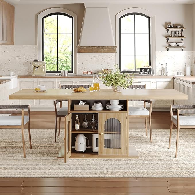 HSH Dining Table for 4–6, 63 Inch Wood Farmhouse Kitchen Table with 3-Tier Storage Shelf and Acrylic Door Cabinet, Rectangular Modern Dining Room Dinner Table for Apartment Home Small Space, Light Oak