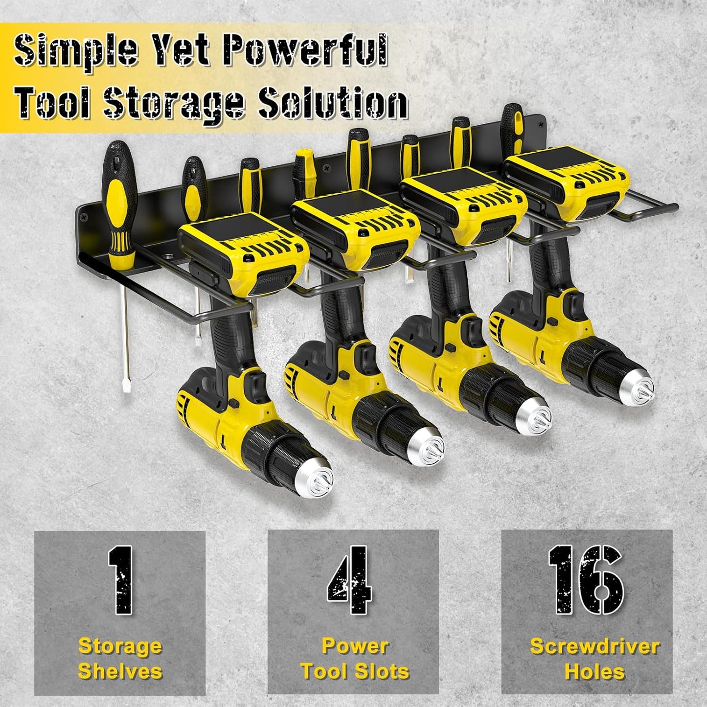 Drill Holder Wall Mount,Power Tool Organizer, 4 Cordless Drill Racks with Screwdriver Hole, Heavy Duty Garage Tool Storage Rack for Workshop Tool Room Basement