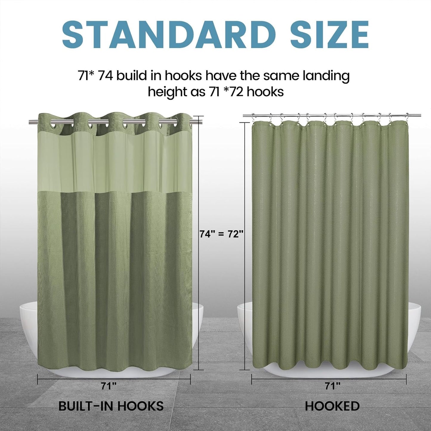 Sage Green Hotel Shower Curtain - 230GSM Waffle Textured Heavy Duty Thick Fabric Shower Curtains for Bathroom,71W x 74H