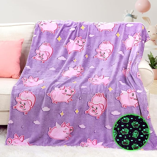 Pig Blanket Glow in The Dark Cute Pink Pig Throw Blanket for Girls Kids Pig Decor Birthday Gifts for Girls Soft Fleece Animal Blanket for Kids Christmas