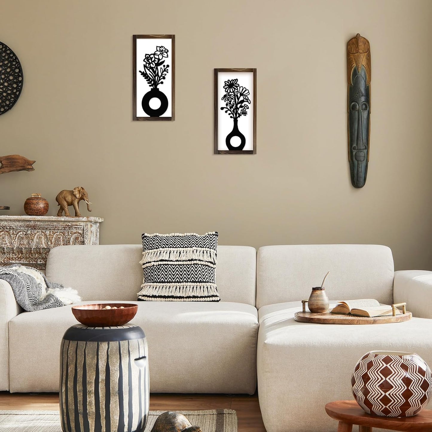 Kas Home 3D Floral Wall Art, 2 Set Rustic Wood Boho Flower with Vase Framed Wall Decor for Bathroom Living Room Bedroom Office Housewarming Gift, Ready To Hang Plaque Sculptures (White-B, 6L" x 12W", Framed)