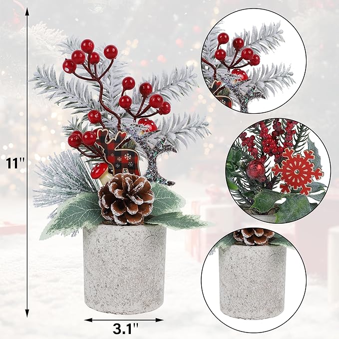 winemana 3 Pack Mini Christmas Trees for Table Centerpieces, 11 Inch Small Artificial Xmas Tree with Red Berries & Pine Cones for Home, Office Desk, Tabletop, Indoor Holiday Decorations