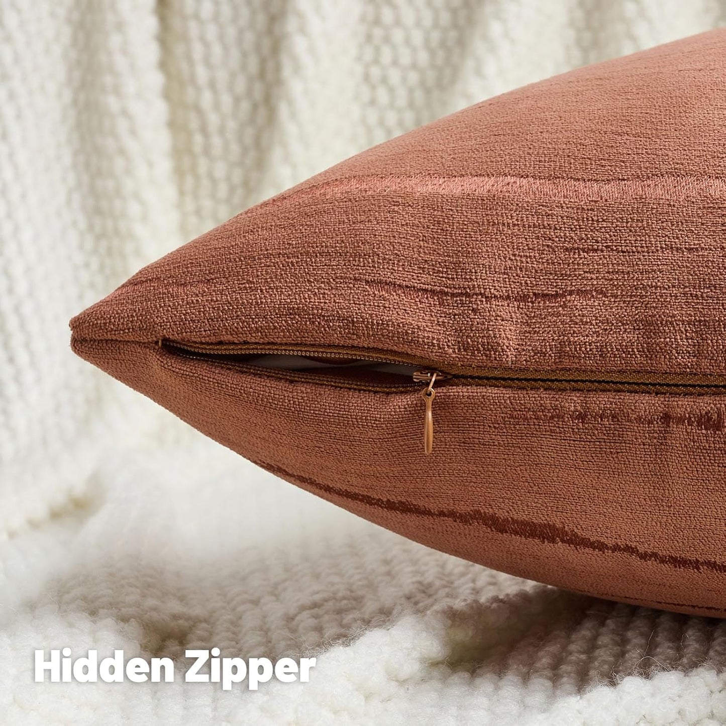 FUTEI Rust Chenille Decorative Throw Pillow Covers 18x18 Inch Set of 2,Soft Embossed Striped Textured Cushion Case,Modern Home Decor for Couch Bed Living Room