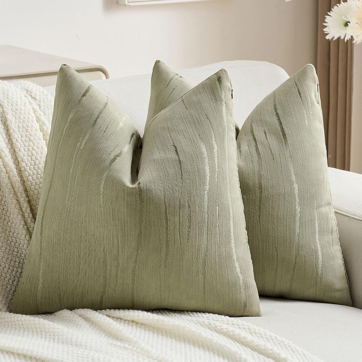 FUTEI Olive Green Chenille Decorative Throw Pillow Covers 24x24 Inch Set of 2,Soft Embossed Striped Textured European Cushion Case,Modern Home Decor for Couch Bed Living Room