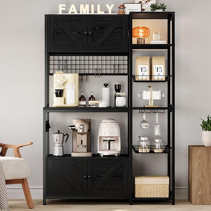 IRONCK Bakers Rack with 2 Storage Cabinets and Power Outlet, 45.3 Inch Industrial Coffee Bar Cabinet Shelves, Kitchen Microwave Stand with Storage, Vintage Black