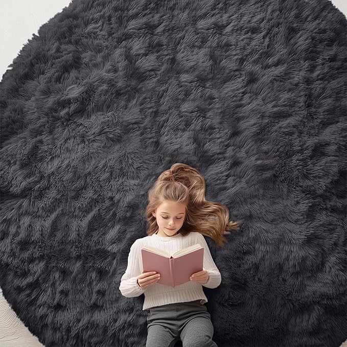 OLANLY Black Round Rugs for Bedroom - Machine Washable, 9 ft Circle Area Rugs for Living Room, Soft and Fluffy Shaggy Carpet for Teen Girls and Boys, Nursery Rooms, Dorms, Home Decor Aesthetic