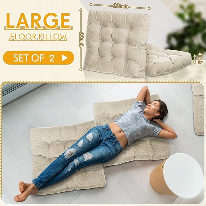 Jerify 2 Pcs Beige Floor Pillows Cushions 22 x 22 Inch Round Square Large Meditation Floor Pillow for Adults Meditation Cushion for Seating Gift Christmas (Square)