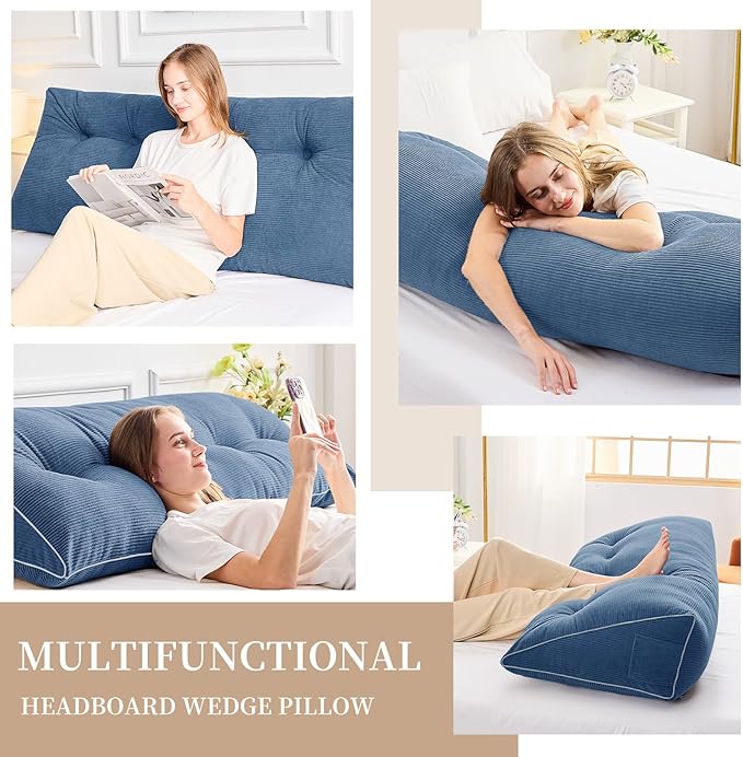 Sasttie Headboard Pillow Queen, Triangular Wedge Pillow Headboard, Wedge Headboard Pillow for Bed Sofa, Daybed Pillows for Sitting up, Reading or Working with Removable Cover, Blue