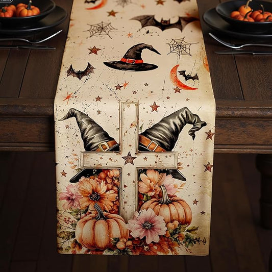 Halloween Table Runner with Black Cats, Bats & Pumpkins, Table Decoration for Dining Party and Home Decor,108x13 inches