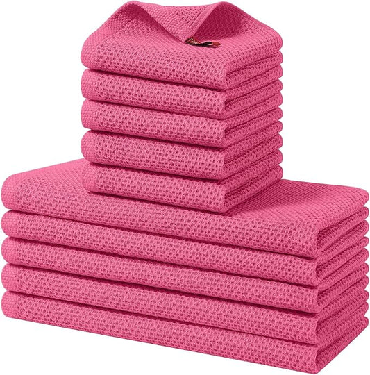 Homaxy 100% Cotton Kitchen Towels and Dishcloths Set, 12 x 12 Inches and 13 x 28 Inches, Set of 10 Bulk Kitchen Towels Set, Ultra Soft Absorbent Dish Cloths for Washing Dishes, Hot Pink