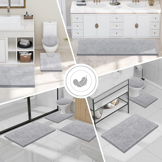 Smiry Luxury Chenille Bathroom Rugs 34x21, Extra Soft and Absorbent Shaggy Bath Mat, Machine Washable, Non-Slip Plush Carpet Runner for Tub, Shower, and Floor, Home Decor Accessories, Light Grey