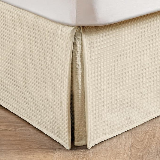 MIYE Pleated Waffle Weave Bed Skirt, Tailored Dust Ruffle 12 Inch Drop Easy Fit, Machine Washable,No Split Corners(Light Beige, Full - 12" Drop)